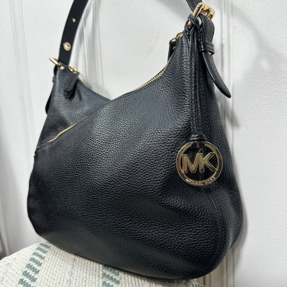 Michael Kors Black Pebbled Leather Hobo Shoulder Bag Triple Zip Gold Hardware
